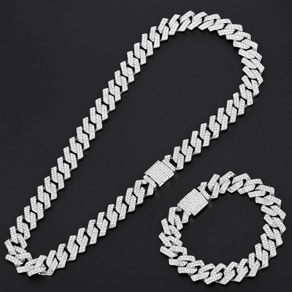 16mm Hip Hop Miami Cuban Link Chain Set Necklace +Watch+Bracelet Creative Iced Out Shiny Trendy Stylish Jewelry For Women Men Good Vibrations