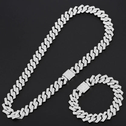 16mm Hip Hop Miami Cuban Link Chain Set Necklace +Watch+Bracelet Creative Iced Out Shiny Trendy Stylish Jewelry For Women Men Good Vibrations