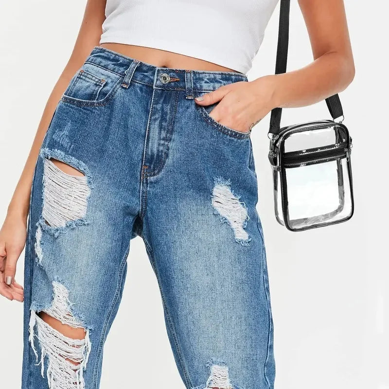 Women Clear Shoulder Bag Stadium Approved PVC Concert Transparent Purse Simple Crossbody Bag With Front Pocket Casual Handbag Good Vibrations