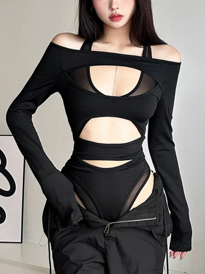 Hollow out sexy black bodysuit, long sleeve, perfect for club rave outfit.