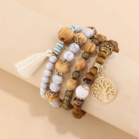 4Pcs/Set Boho Wooden Beaded Bracelet Set For Women Tree Of Life White Tassels Charm Elastic Chain Bangle Lady Bohemia Jewelry Good Vibrations