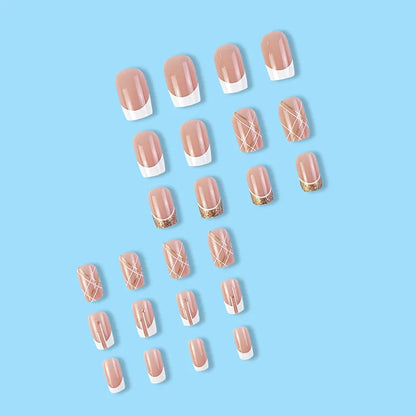 24Pcs Short Square Coffin False Nails Square Fake Nails with Glue French Glitter Wearable Acrylic Nails Set Press on Nail Tips Good Vibrations