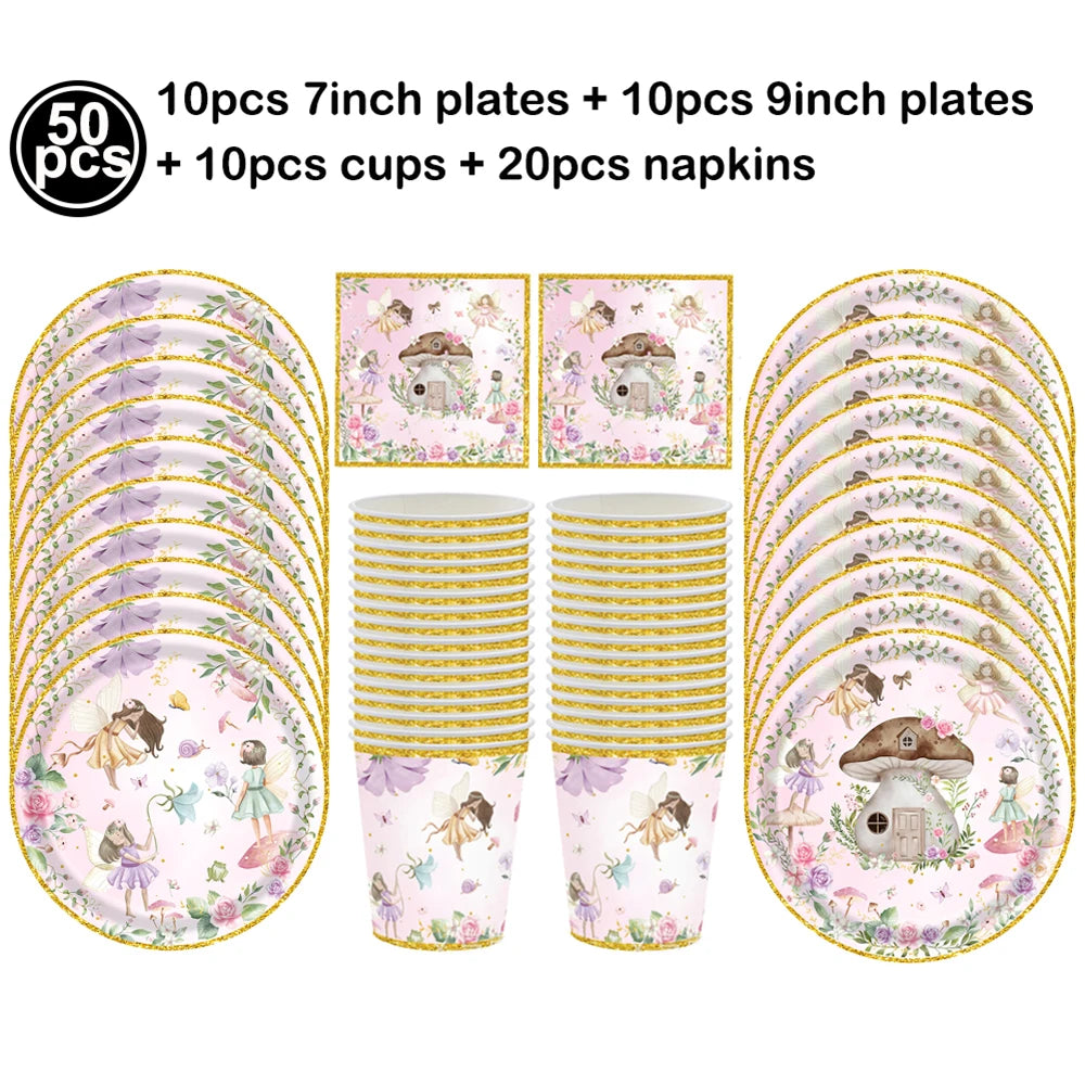 Fairy Party Supplies for Girl Birthday Fairies Enchanted Themed Baby Shower Party Decor Garden Flower Disposable Tableware Decor Good Vibrations
