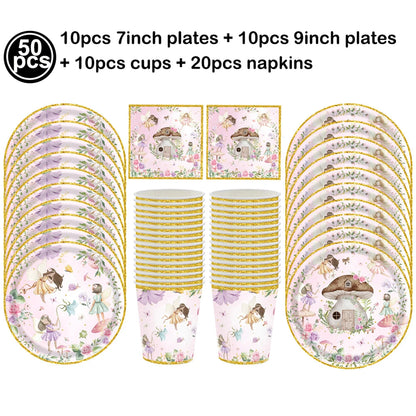 Fairy Party Supplies for Girl Birthday Fairies Enchanted Themed Baby Shower Party Decor Garden Flower Disposable Tableware Decor Good Vibrations
