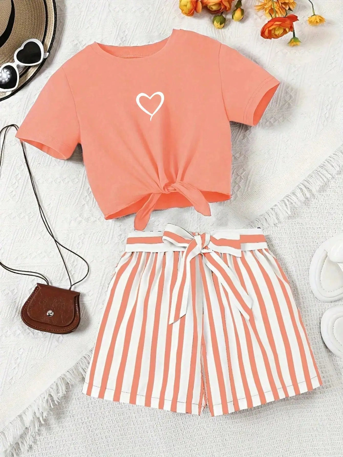 Women's Casual Daily 2-Piece Set Short Sleeve Love Printed Striped Shorts with Random Belt Children's Clothing Good Vibrations
