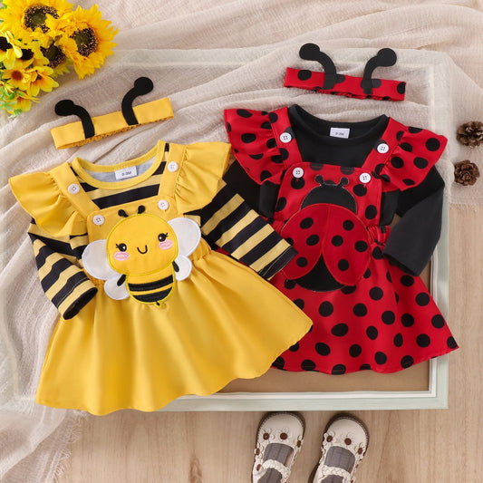 FOCUSNORM 3pcs Lovely Baby Girls Autumn Clothes Sets Flying Sleeve Solid/Striped Romper Embroidery Suspender Dress Headband Good Vibrations