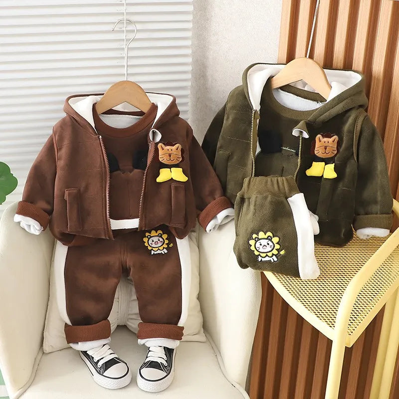 Baby Boys Clothing Set Autumn Winter Cartoon Lion Fleece Thick Hooded Jacket Coat Pants 3Pc Suit for 1-4 Years Kids Warm Outfits Good Vibrations