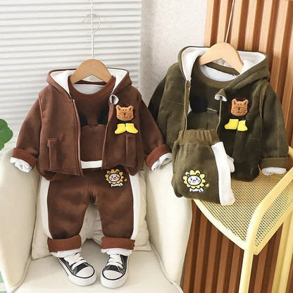Baby Boys Clothing Set Autumn Winter Cartoon Lion Fleece Thick Hooded Jacket Coat Pants 3Pc Suit for 1-4 Years Kids Warm Outfits Good Vibrations