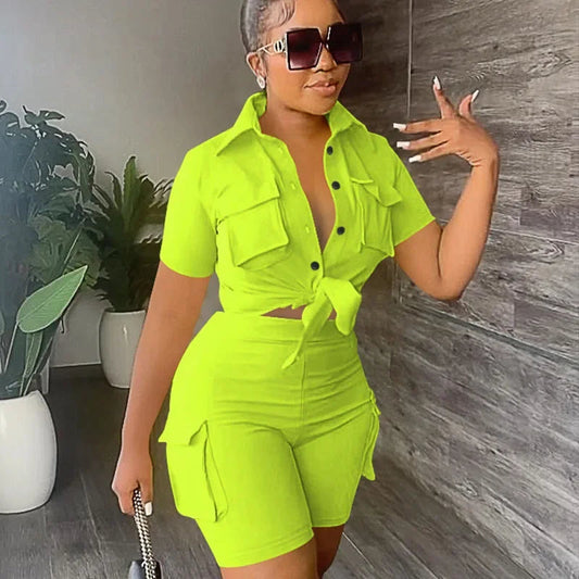 Streetwear Two Piece Set for Women Summer Outfits Pockets Short Sleeve Button-Up Shirt Top Short Sets Party Club Matching Sets Good Vibrations