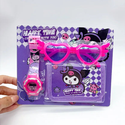 Fashion 3ps Unicorn Hello Kitty Girls Watch Kids with Wallet Glasses Cartoon Spiderman Watch Children Clock Toys set Good Vibrations