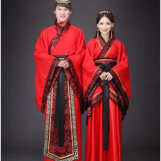 Couple wearing red traditional Chinese Hanfu dress cosplay costume with black and gold accents
