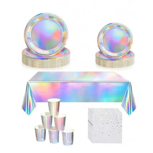 Rainbow Party Supplies Decorations, Holographic Paper Plates and Napkins Set for Birthday Wedding Holiday Party, Christmas Good Vibrations