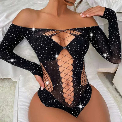Women sexy bodysuit with rhinestones, long sleeves, fishnet design, and hollow details.