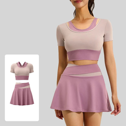 Women's Two Tone 2 Piece Yoga Set Short Sleeve Yoga Top with Bra Pads High Waist Skort with Liner Running Fitness Sportswear Good Vibrations