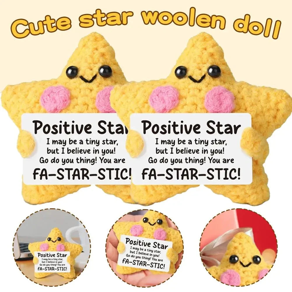 Cute Handwoven Positive Energy Star Ornaments Pocket Hug Crochet Doll Mini Handmade Knitted Plush Home Room Decor Party Gift Good Vibrations
