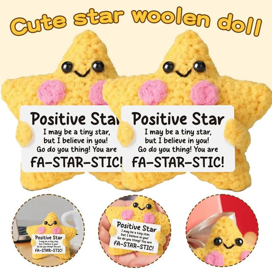 Cute Handwoven Positive Energy Star Ornaments Pocket Hug Crochet Doll Mini Handmade Knitted Plush Home Room Decor Party Gift Good Vibrations