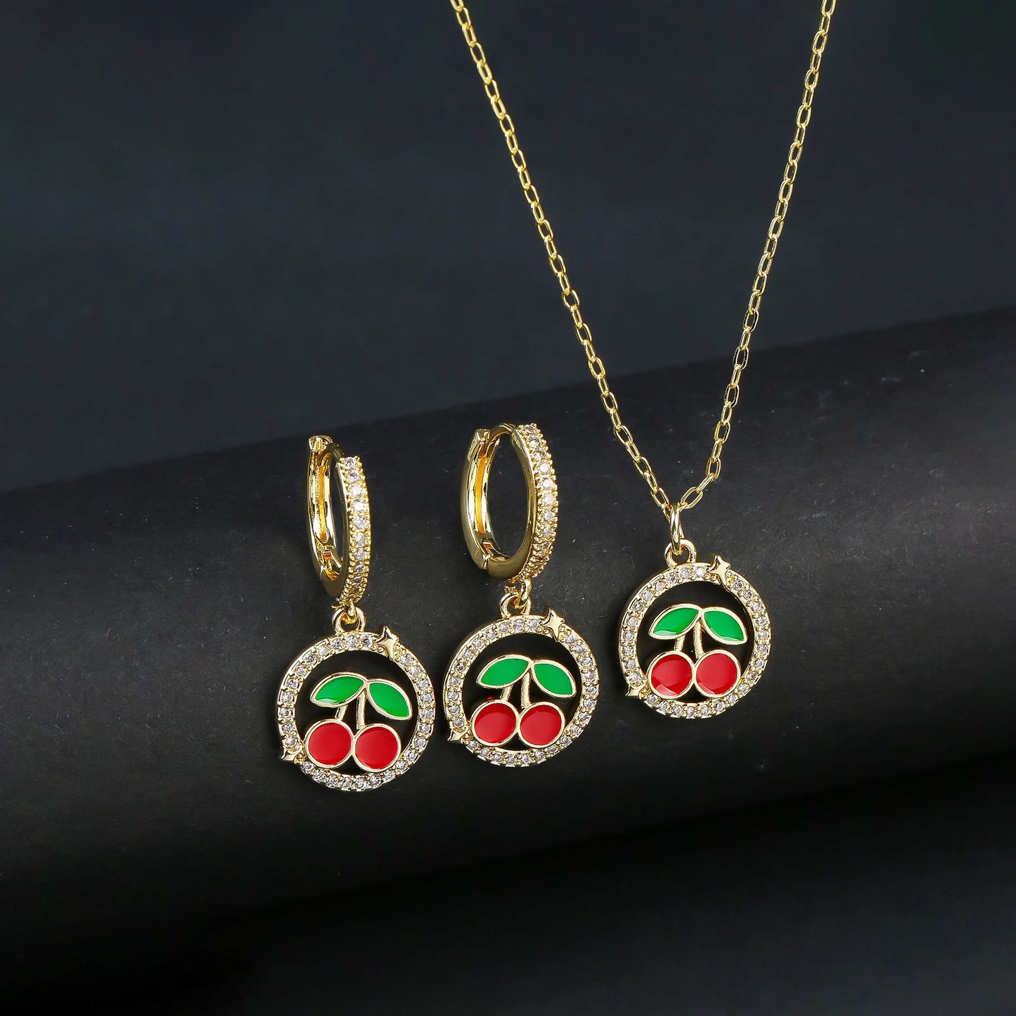 Light Luxury Crystal Zirconia Red Cherry Jewelry Set Earrings Necklace for Women Girls Sweet Jewelry Accessories Party Gifts Good Vibrations Adult Super Store