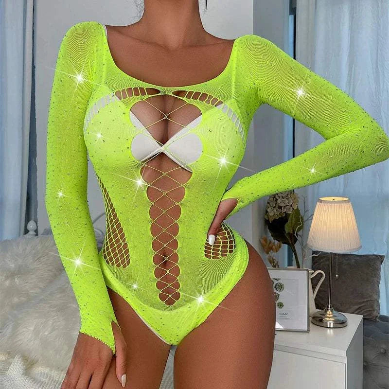 Women's rhinestone fishnet transparent bodysuit with long sleeves and hollow design.