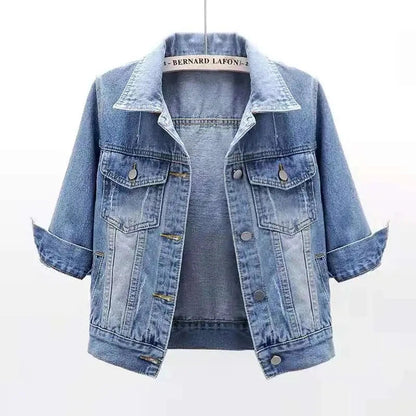 2024 New Women Spring Autumn Denim Jacket Tops Pink Color Solid Short Multicolor Feminino Three Quarter Sleeve Jean Jacket Good Vibrations