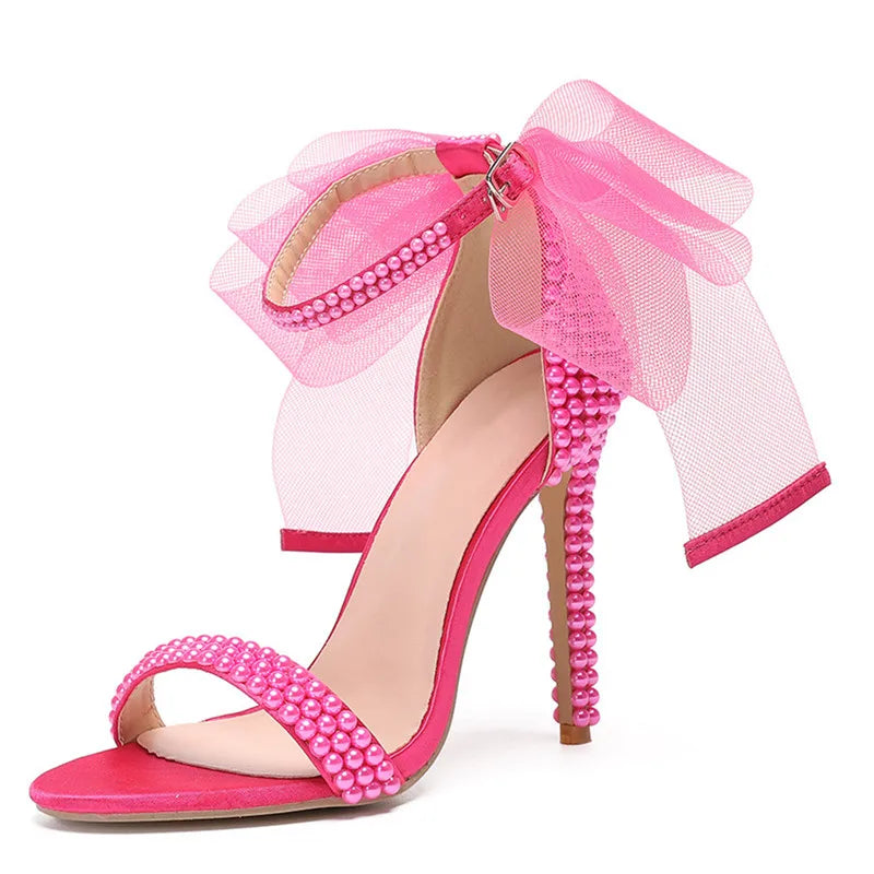 Summer New brand Fashion Bowknot Beading Women Gladiator Sandals Luxury Pearls White thin High heels Wedding Bridal Party Shoes Good Vibrations