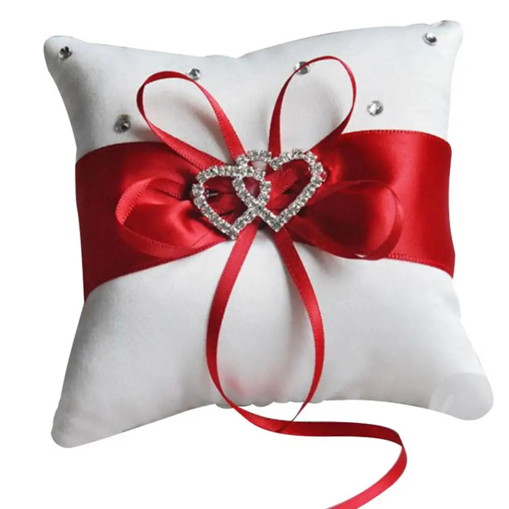 10x10 cm Romantic Bridal Wedding Ring Pillow Double Heart Ribbon Cushion Decor European Romantic Rhinestone Decor For Wedding Good Vibrations