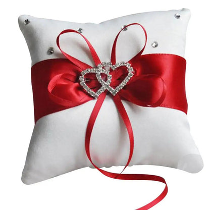 10x10 cm Romantic Bridal Wedding Ring Pillow Double Heart Ribbon Cushion Decor European Romantic Rhinestone Decor For Wedding Good Vibrations