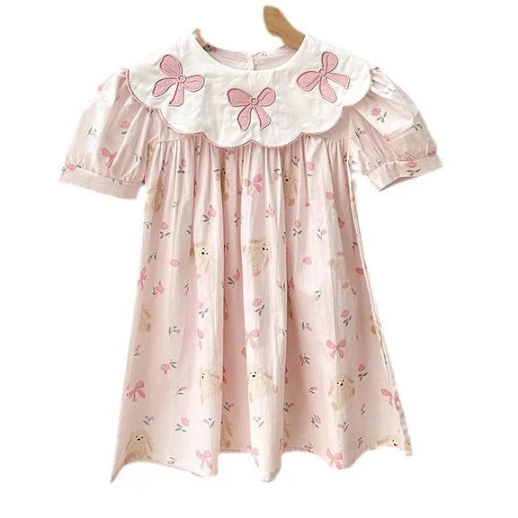 Girls Dress Children's Clothing Bow Embroidered Flower Collar Girls' Dress Summer Cartoon Printed Short Sleeved Princess Dress Good Vibrations