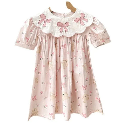 Girls Dress Children's Clothing Bow Embroidered Flower Collar Girls' Dress Summer Cartoon Printed Short Sleeved Princess Dress Good Vibrations