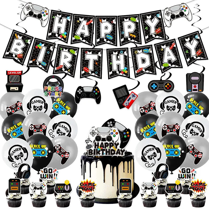 Video Game Party Supplies Set Birthday Decorations Happy Birthday Gaming Backdrop Game On Table Covers Gamer Banner Balloons Good Vibrations