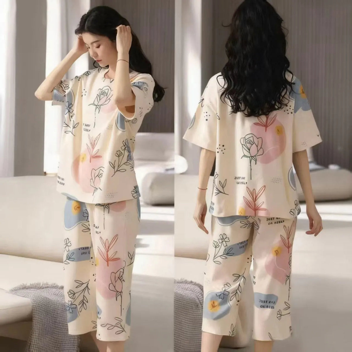 2-piece Set Women Cartoon Casual Homewear Clothes Girls Sleepwear Women Summer Short-sleeve Three-quarter Pants Pajama Set Good Vibrations