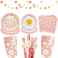 Pink Daisy Theme Disposable Tableware Flower Plate Napkin Straws Banner Birthday Party Baby Shower Wedding Decorations Supplies Good Vibrations