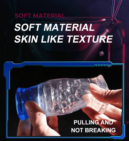 Soft silicone male masturbator cup with transparent design, showing flexible skin-like texture.