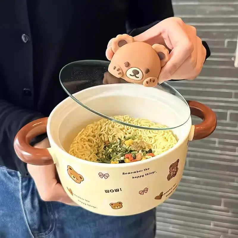 Kawaii Bear Jumbo Ramen Bowl With Lid Kitchen Tableware Cute Japanese Ceramics Instant Noodles Fruit Salad Soup Bowl Gift 750ml Good Vibrations