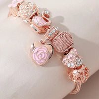 Chic Heart Flower Bead Charming Bracelet With Shiny Rhinestonw Pink Enamel Floral Swan Charms Casual Outings Jewelry Good Vibrations