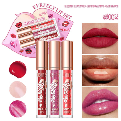 USHAS 3 Pcs/Set Lip Gloss Set, Matte and Glossy Lip Glaze Suit, 3 Different Colors in 1 Set, Perfect Gift for Girls&Women Good Vibrations