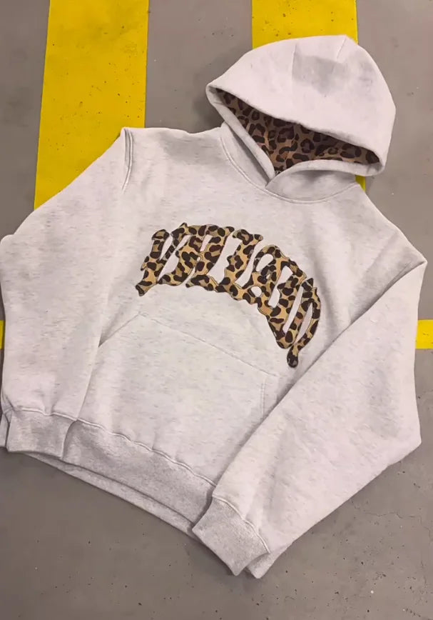 2025 European and American New Trendy High Street Leopard Print Loose Hooded Sweatshirt Casual Stacking Sweatpants Good Vibrations