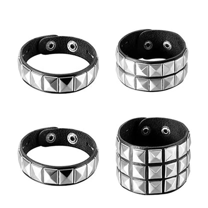 Black Leather Goth Square Washer Rivet Bracelet Cuff Wristband Gothic Punk Bracelets For Armbands Men Women Good Vibrations