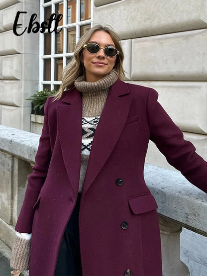 Wine Red Woolen Coats With Scarf Women Elegant Full Sleeve Double Breasted Long Overcoat 2025 Autumn Winter New Lady Streetwear Good Vibrations