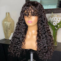 Water Wave Human Hair Wigs with Bangs None Lace Front Wigs Glueless Wigs Virgin Hair for Women 180% Machine Made Wigs Natural Good Vibrations