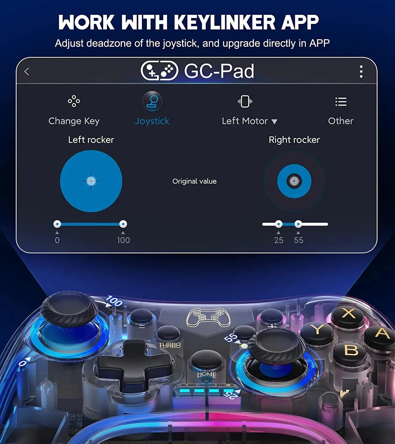 Controller 7039 for Switch With RGB Lights,Turbo,Wake-up Function,Supports Multi-Platform&App Control,Transparent GamePad Good Vibrations