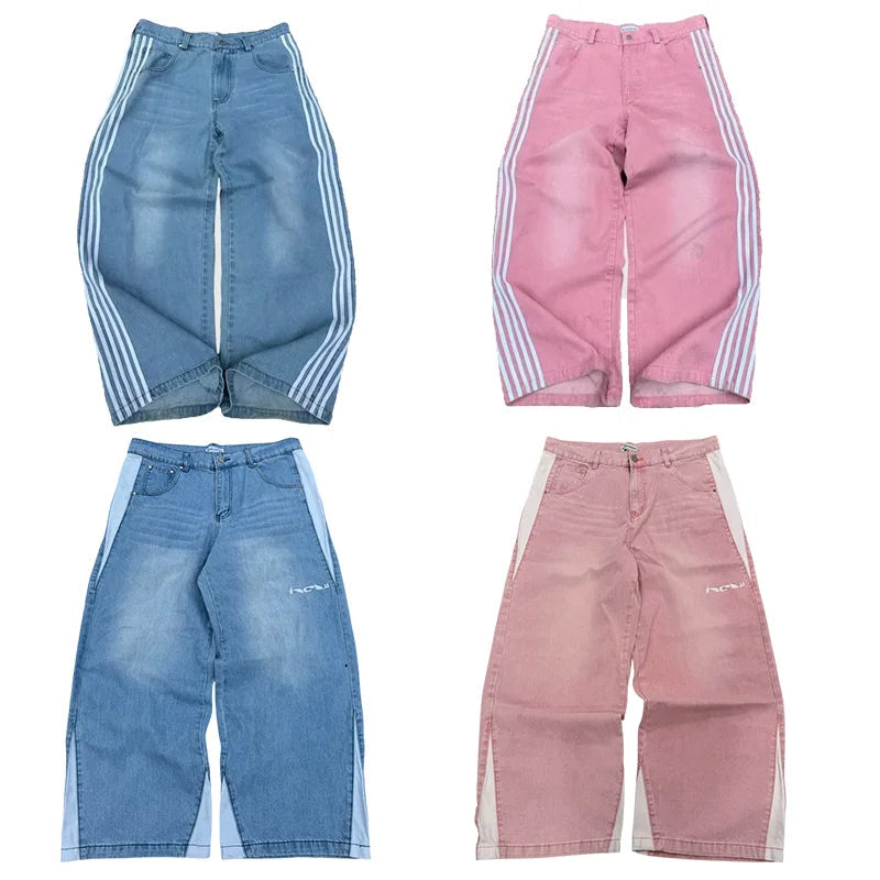 Y2K baggy Jeans Splicing embroidery high quality Jeans Fashion men women Sweatpants Casual streetwear Hip Hop wide leg trousers Good Vibrations