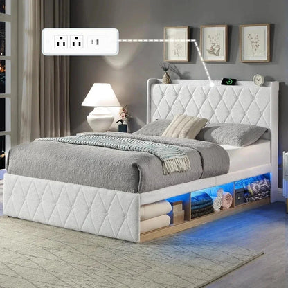 Bed Frame with 6 Storage Cabinet and LED Lights, Boucle Upholstered Button Tufted Headboard - Includes Charging Station Good Vibrations