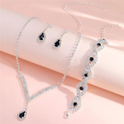 3 Pcs Luxury Rhinestone Bride Jewelry Set for Women Black Water Drop Crystal Earrings Wedding V Necklace Eye Bracelet Fashion Good Vibrations Adult Super Store