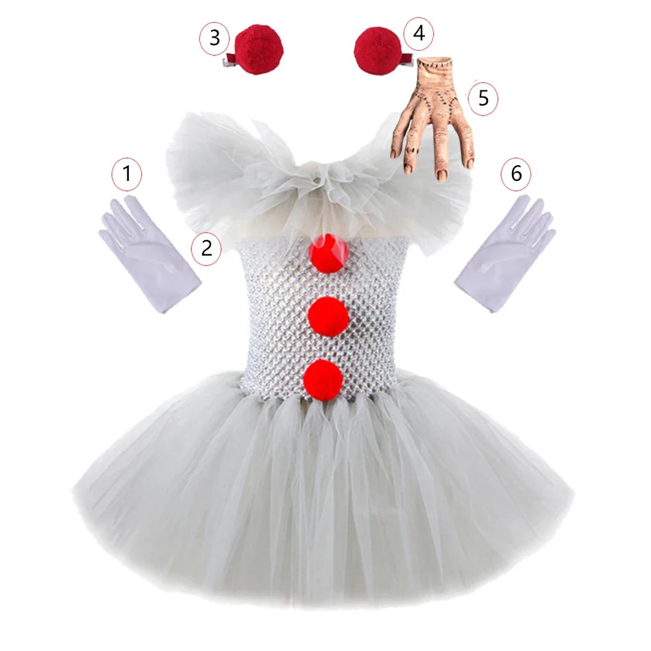 Halloween Costume For Kids Gray Girls Tutu Dress Kids Cosplay Scary Clown Costume Carnival Masquerade Party Dress Up 3-12Y Good Vibrations
