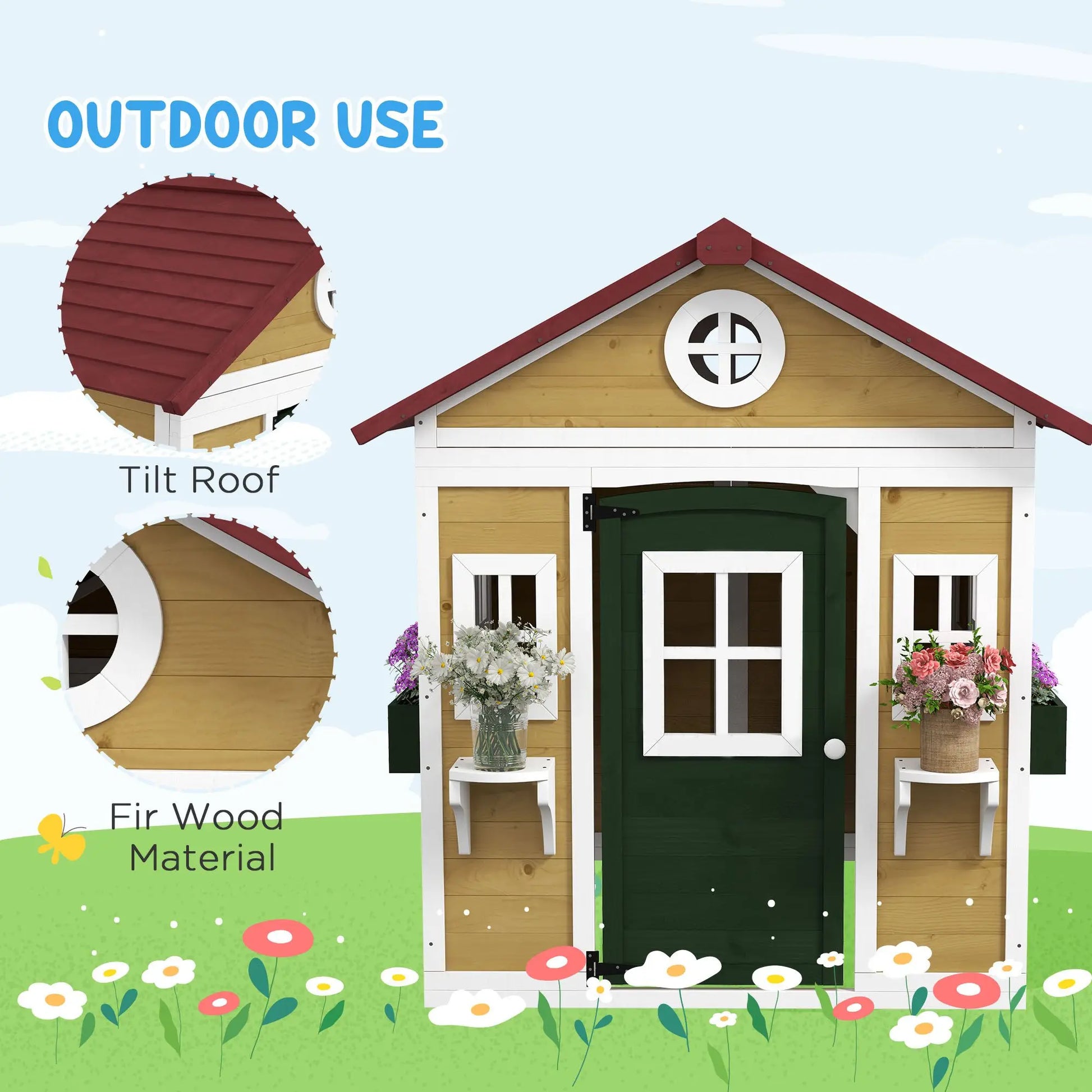 Beige Wooden Playhouse with Outdoor Doors and Windows Planter Pots for Kids 3-8 Years Good Vibrations