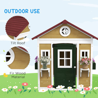 Beige Wooden Playhouse with Outdoor Doors and Windows Planter Pots for Kids 3-8 Years Good Vibrations