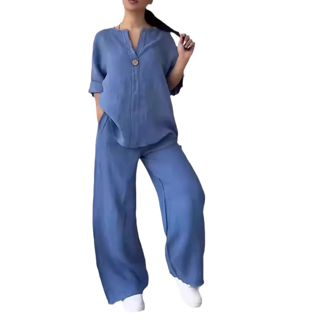 Muslim Sets Women 2 Piece Suit Shirt Wide Leg Pants Outfits 2025 Ensemble Button Lace Up Elastic Waist Blouse Straight Trousers Good Vibrations