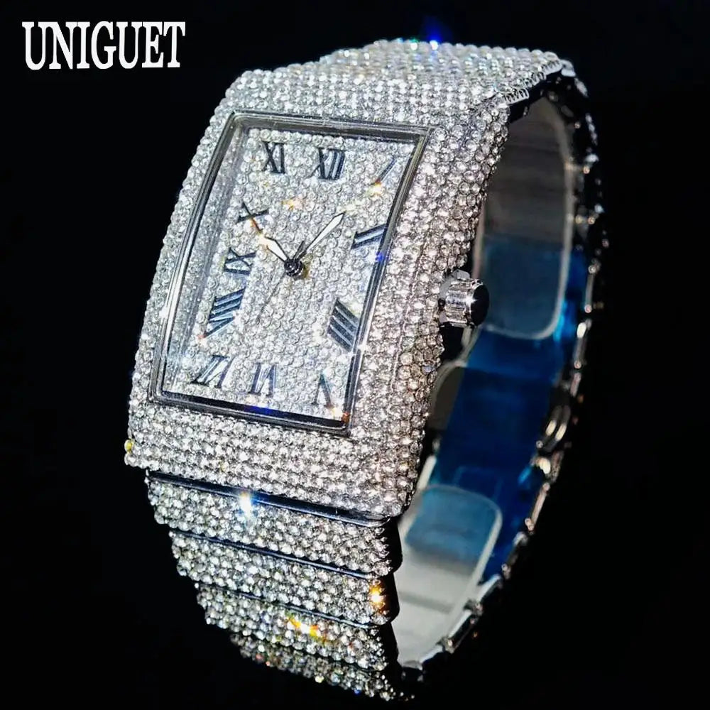 Fashion Rose Watch For Men Luxury Stainless Street Hip Hop Ice Diamond Rectangle Wristwatch Male With Calendar Rlógios Masculino Good Vibrations