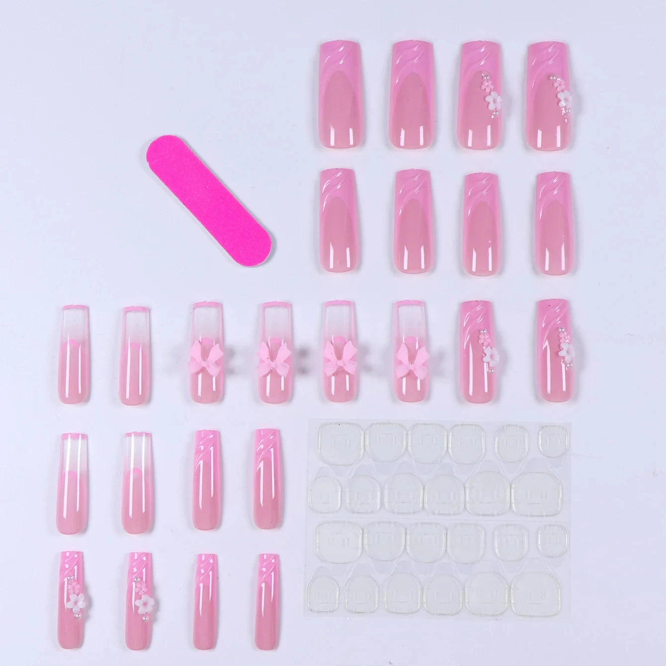 24PCS- Long coffin shaped fake nails, pink three-dimensional butterfly, pink flower decoration, suitable for dating, dinner Good Vibrations