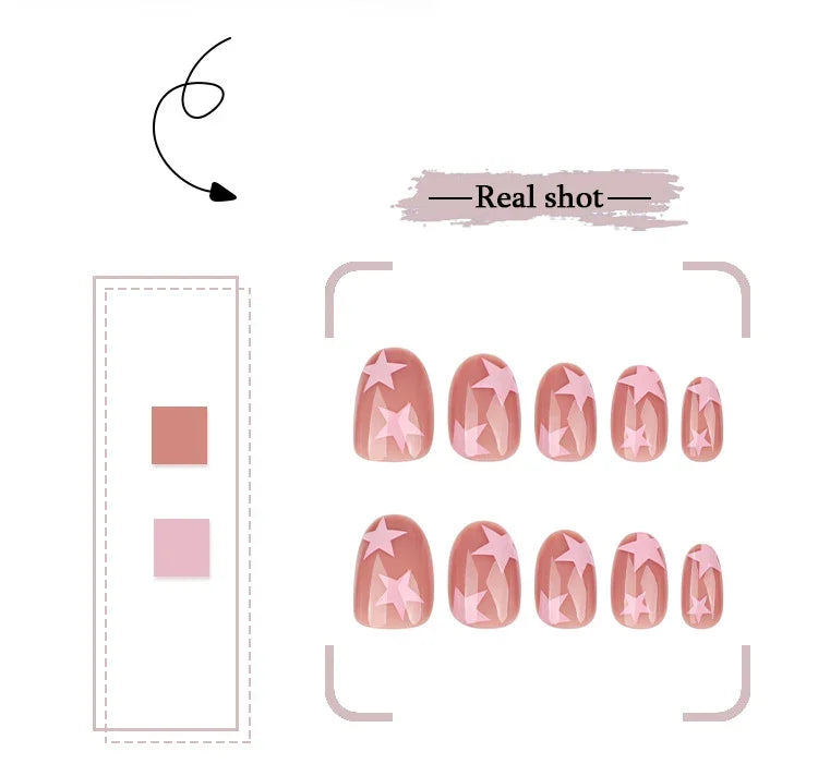 Pink Stars Nude Color Chic Delicate Wearable Nail Art Y2K Fashion Short False Nails Detachable Finished Fake Nails Press on Nail Good Vibrations